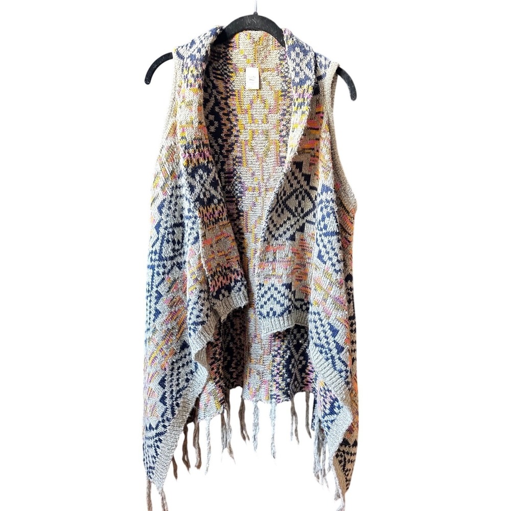 Lildy Fair Isle Knit Fringe Sweater Vest Poncho S/M Boho Coastal Grandmother